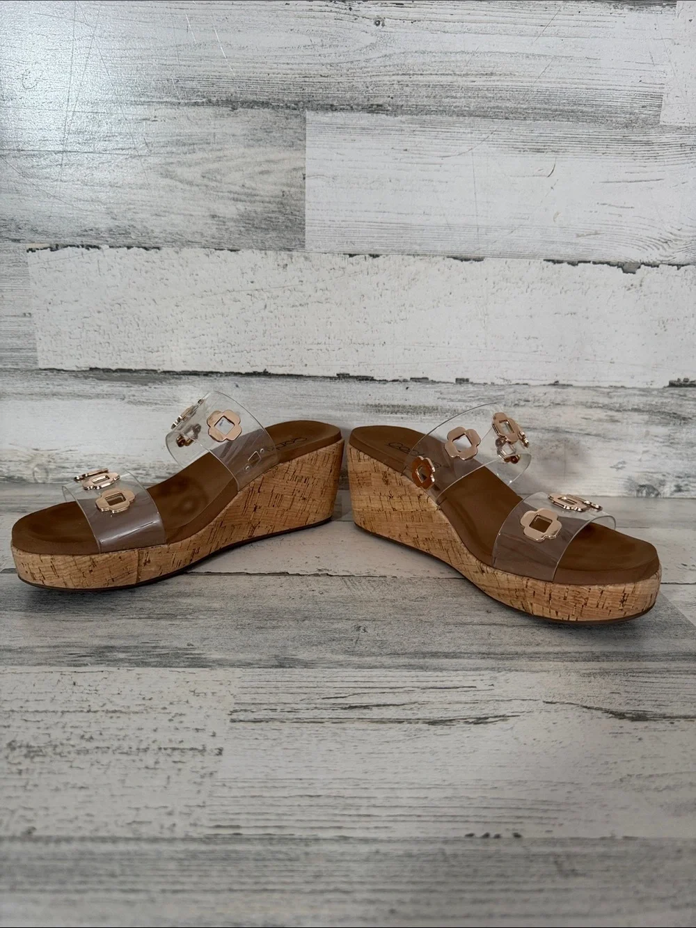 CORKYS CLEAR HIGH TIDE GOLD TRIM WEDGE SHOES - 9